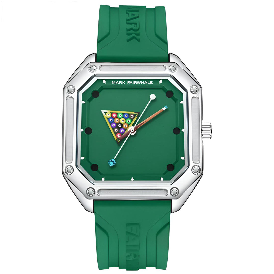 Mark Fairwhale Billiardo Green Royale – men’s billiards-inspired quartz sports watch with square dial, green rubber strap, waterproof 30M, luxury pool table design timepiece