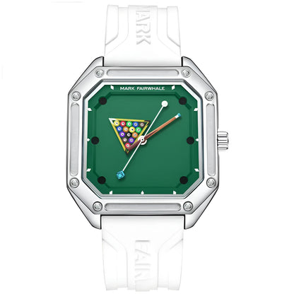 Mark Fairwhale Billiardo White Prestige – men’s quartz billiards watch with unique pool table dial, white rubber strap, waterproof 30M, stylish square sports timepiece