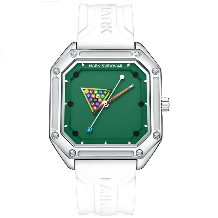Mark Fairwhale Billiardo White Prestige – men’s quartz billiards watch with unique pool table dial, white rubber strap, waterproof 30M, stylish square sports timepiece