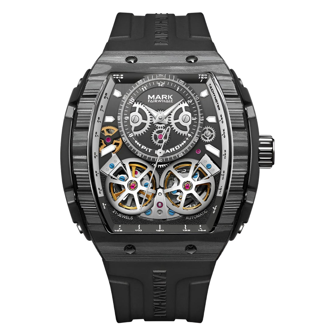 Mark Fairwhale CARBONIX Obsidian Core – Black carbon fiber automatic watch for men with numberless dial and silicone sport strap