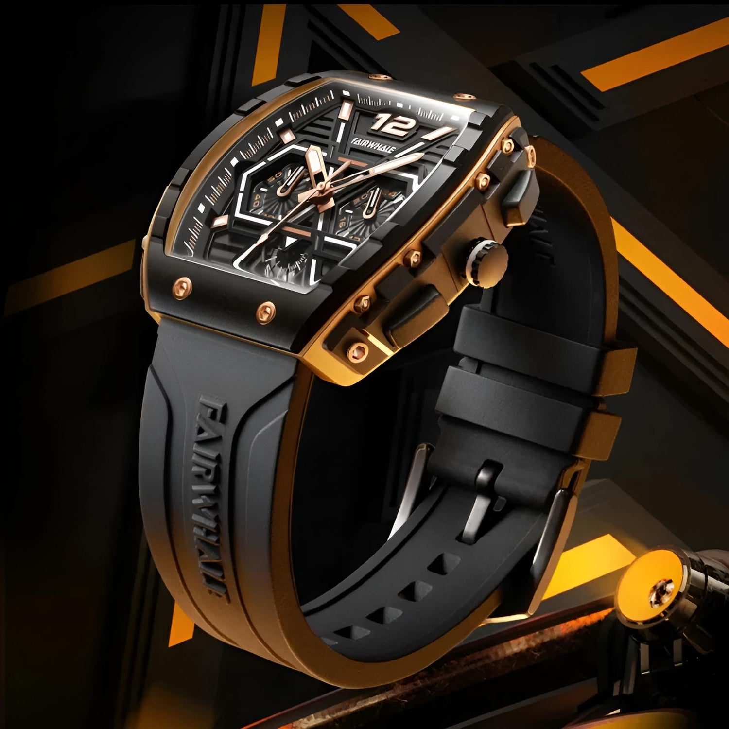 Mark Fairwhale CLIREDOX FW-5560, the geometric chronograph sub-dials and luminous green markers quartz movement, and 30-meter water resistance