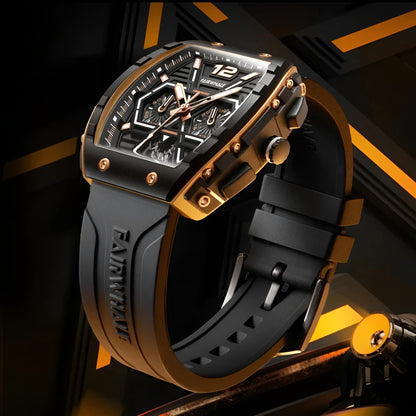 Mark Fairwhale CLIREDOX FW-5560, the geometric chronograph sub-dials and luminous green markers quartz movement, and 30-meter water resistance