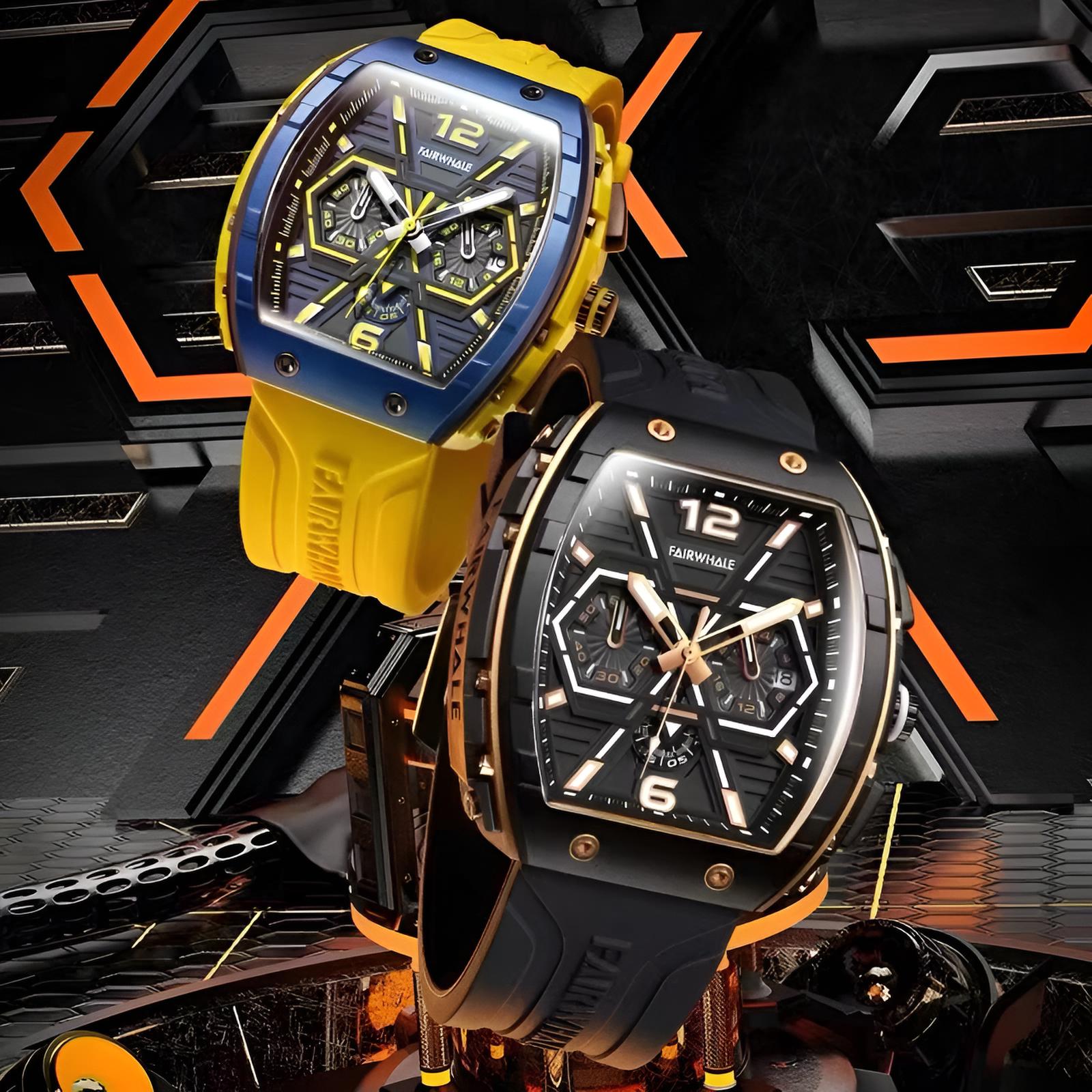Mark Fairwhale CLIREDOX FW-5560, the geometric chronograph sub-dials and luminous green markers quartz movement, and 30-meter water resistance