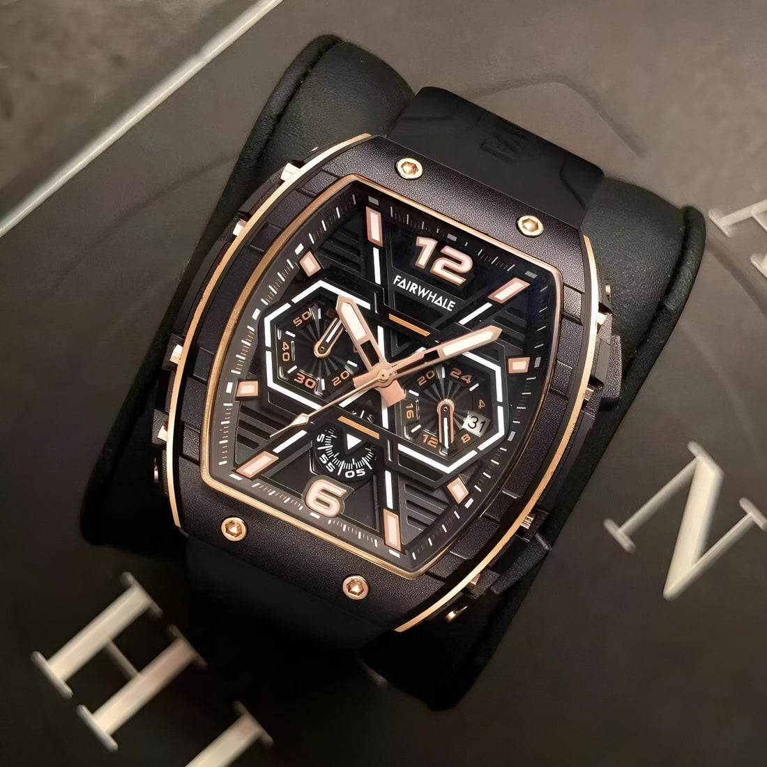 Mark Fairwhale CLIREDOX FW-5560, the geometric chronograph sub-dials and luminous green markers quartz movement, and 30-meter water resistance