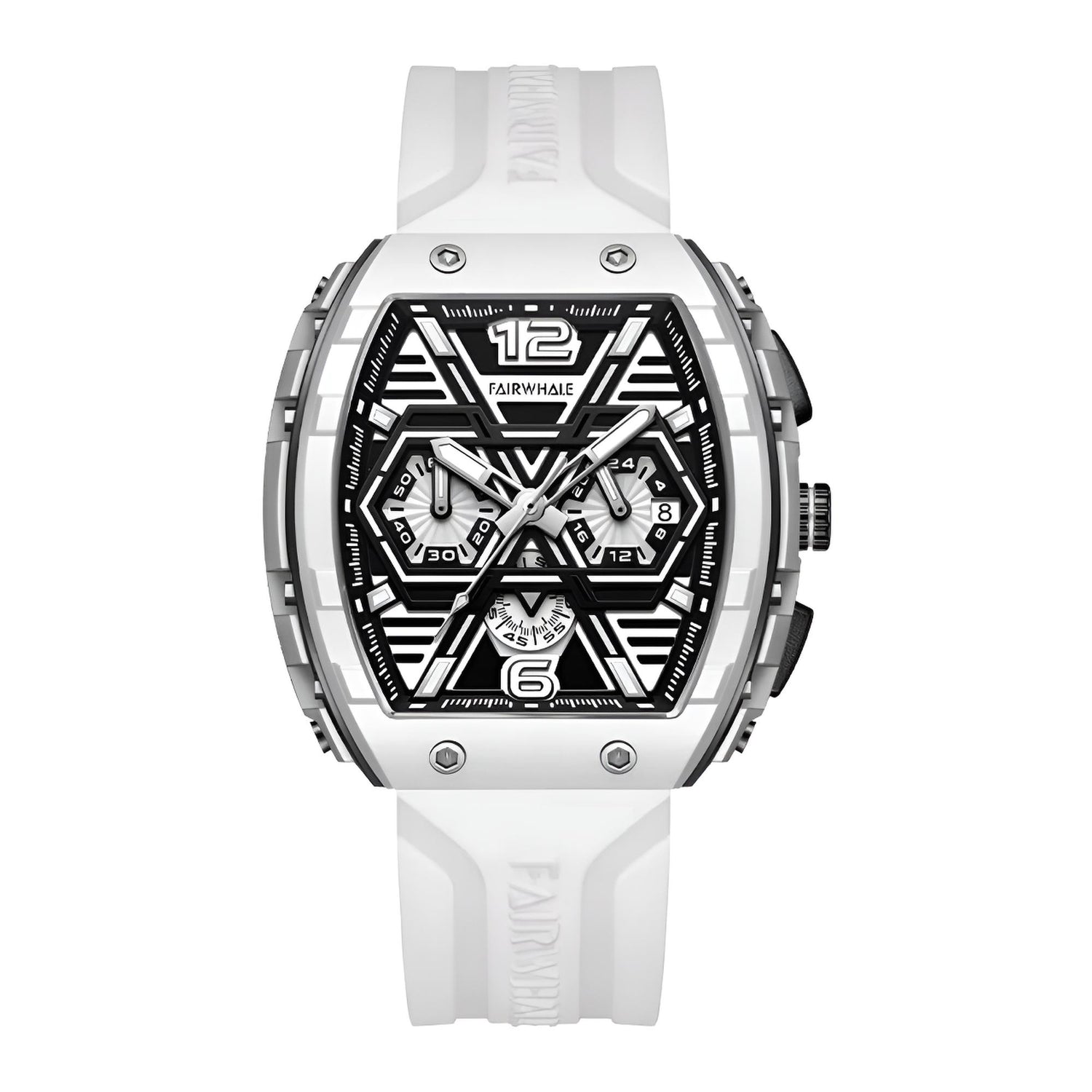 Mark Fairwhale CLIREDOX FW-5560, the geometric chronograph sub-dials and luminous green markers quartz movement, and 30-meter water resistance