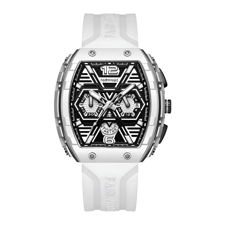 Mark Fairwhale CLIREDOX FW-5560, the geometric chronograph sub-dials and luminous green markers quartz movement, and 30-meter water resistance