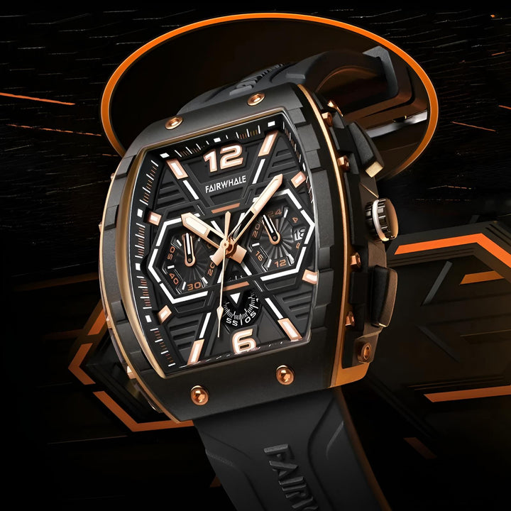 Mark Fairwhale CLIREDOX FW-5560, the geometric chronograph sub-dials and luminous green markers quartz movement, and 30-meter water resistance