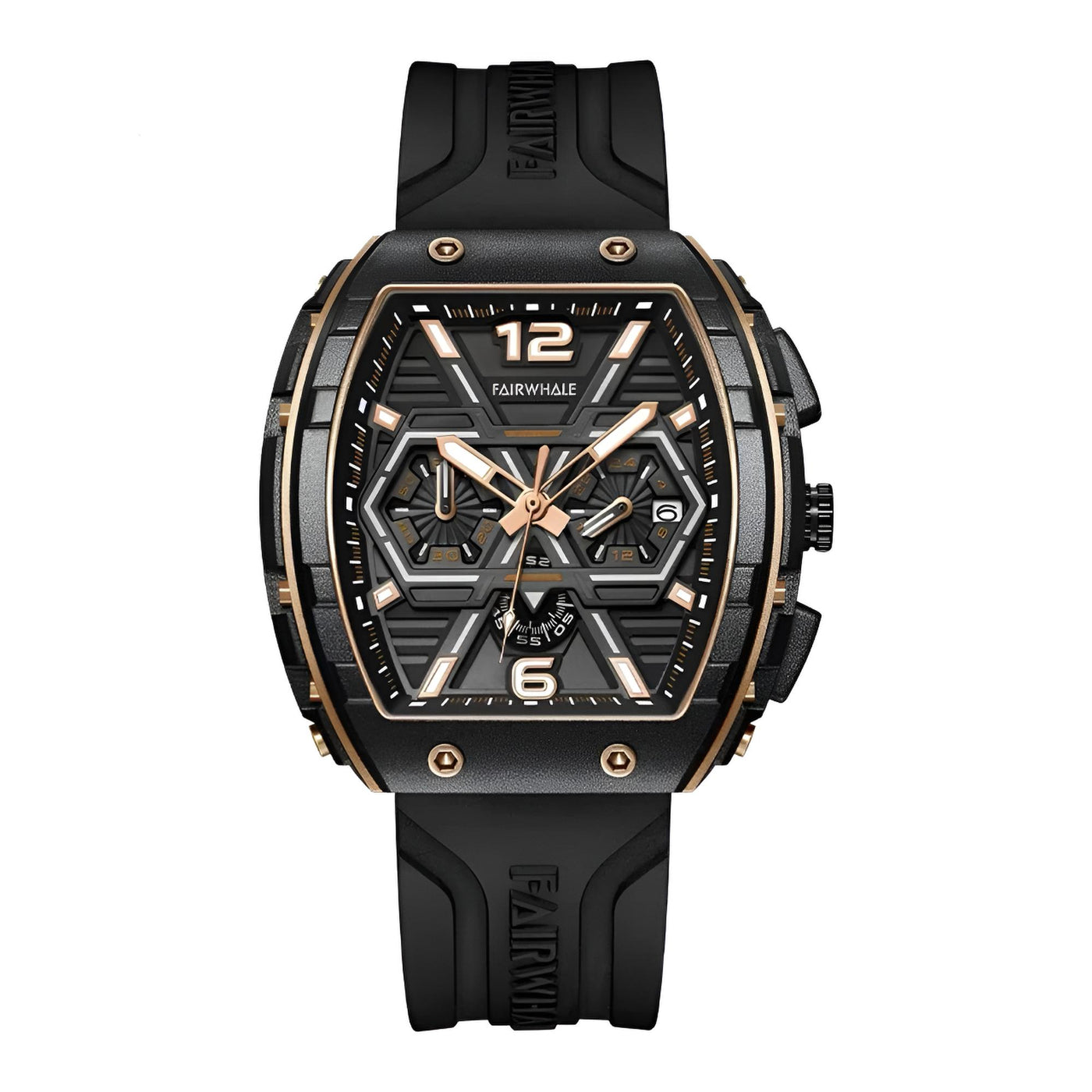 Mark Fairwhale CLIREDOX FW-5560, the geometric chronograph sub-dials and luminous green markers quartz movement, and 30-meter water resistance
