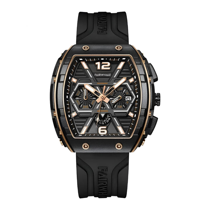 Mark Fairwhale CLIREDOX FW-5560, the geometric chronograph sub-dials and luminous green markers quartz movement, and 30-meter water resistance