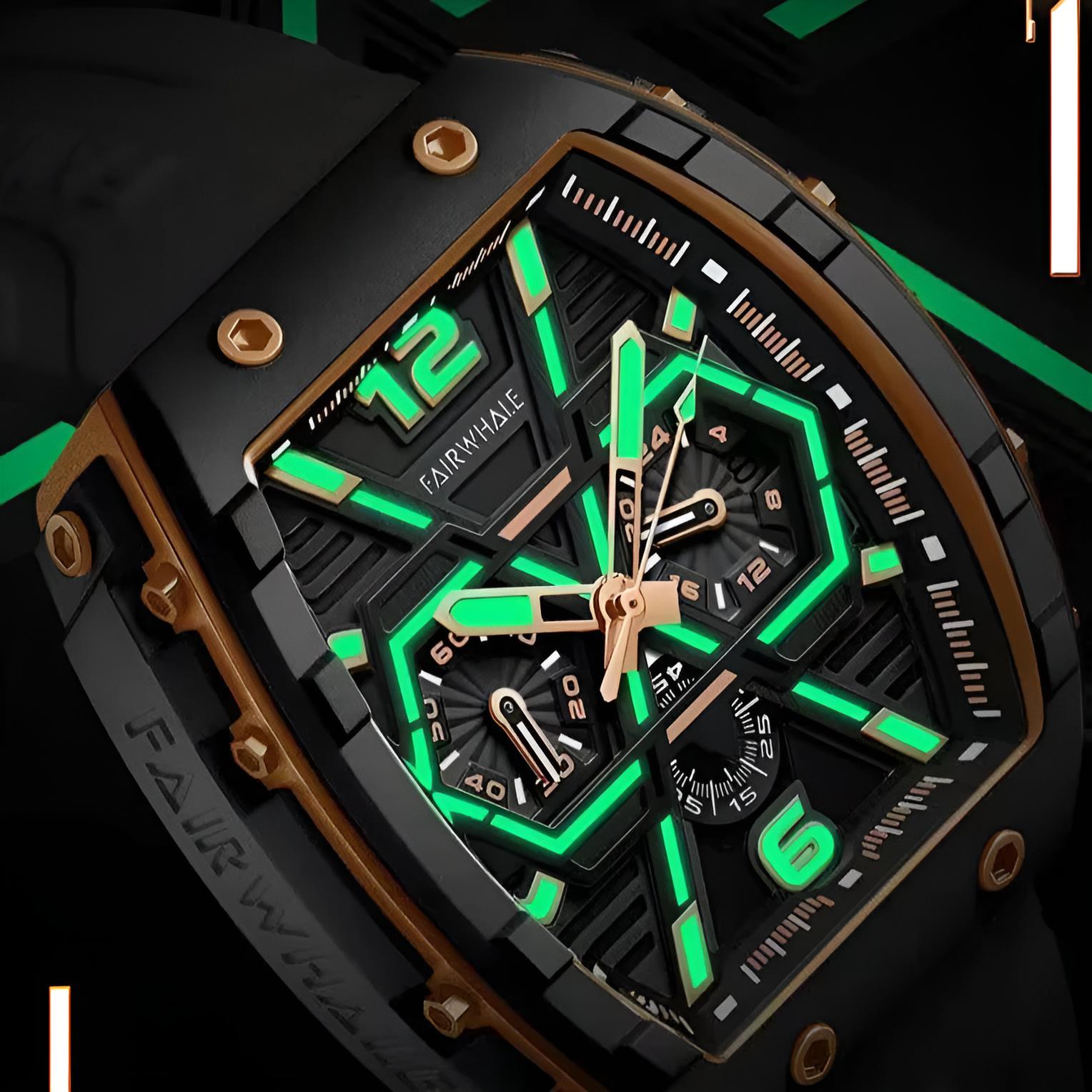 Mark Fairwhale CLIREDOX FW-5560, the geometric chronograph sub-dials and luminous green markers quartz movement, and 30-meter water resistance