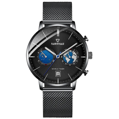 Mark Fairwhale CORDIX 5340 men’s chronograph wristwatch with black leather strap, black dial, and stainless steel case.