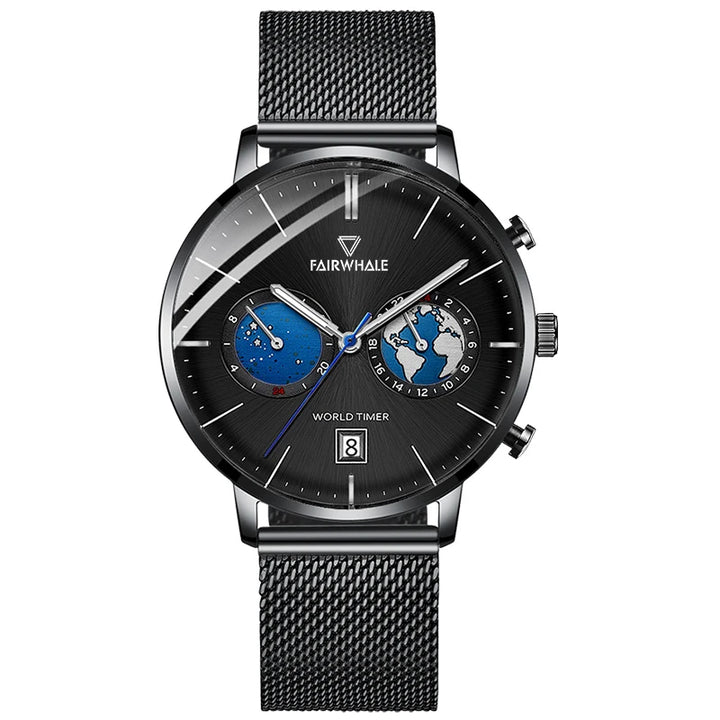 Mark Fairwhale CORDIX 5340 men’s chronograph wristwatch with black leather strap, black dial, and stainless steel case.
