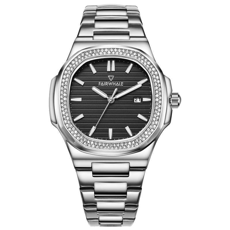Mark Fairwhale CRYSTOR Obsidian Noir – Black minimalist square watch for men with crystal details and stainless steel band