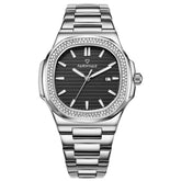 Mark Fairwhale CRYSTOR Obsidian Noir – Black minimalist square watch for men with crystal details and stainless steel band