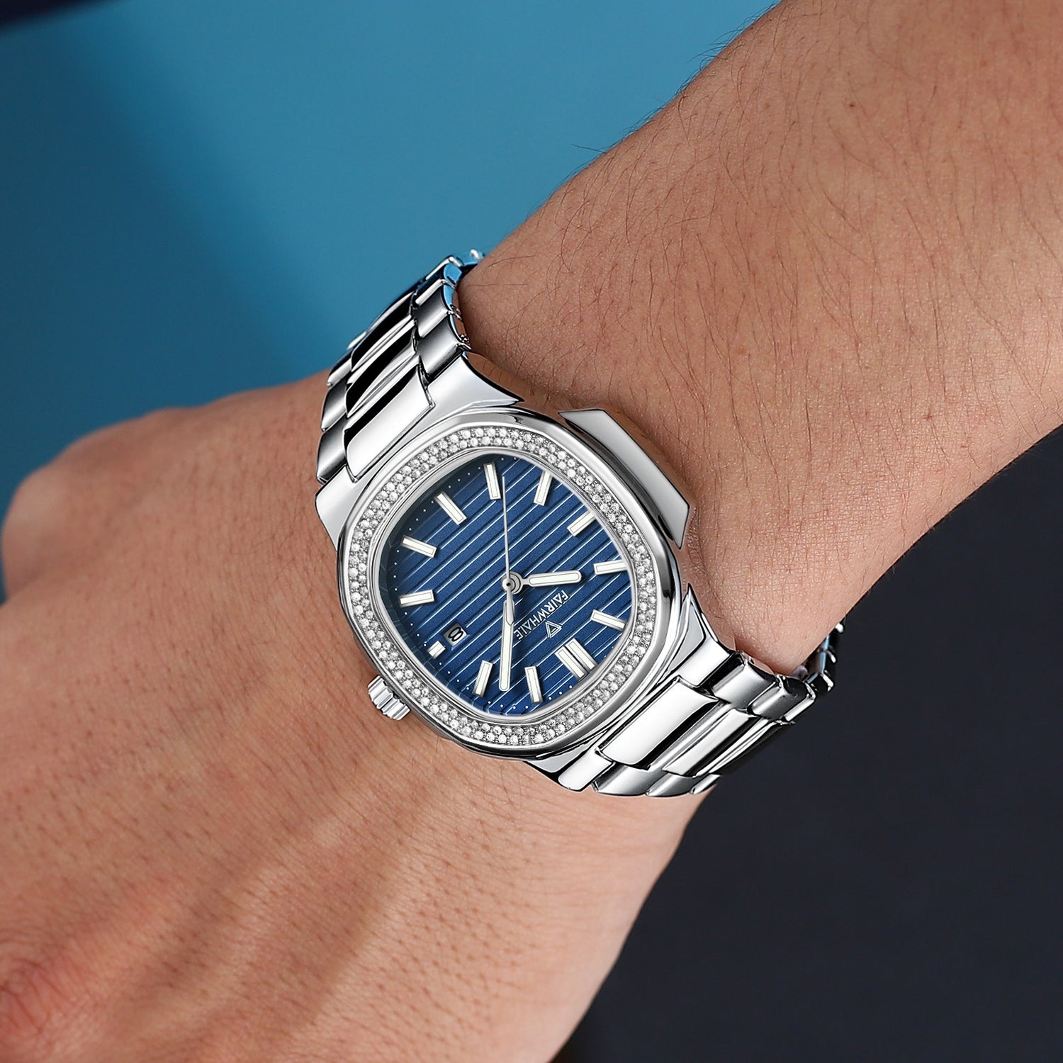 Mark Fairwhale CRYSTOR Sapphire Horizon – Silver square watch for men with crystal accents and stainless steel strap