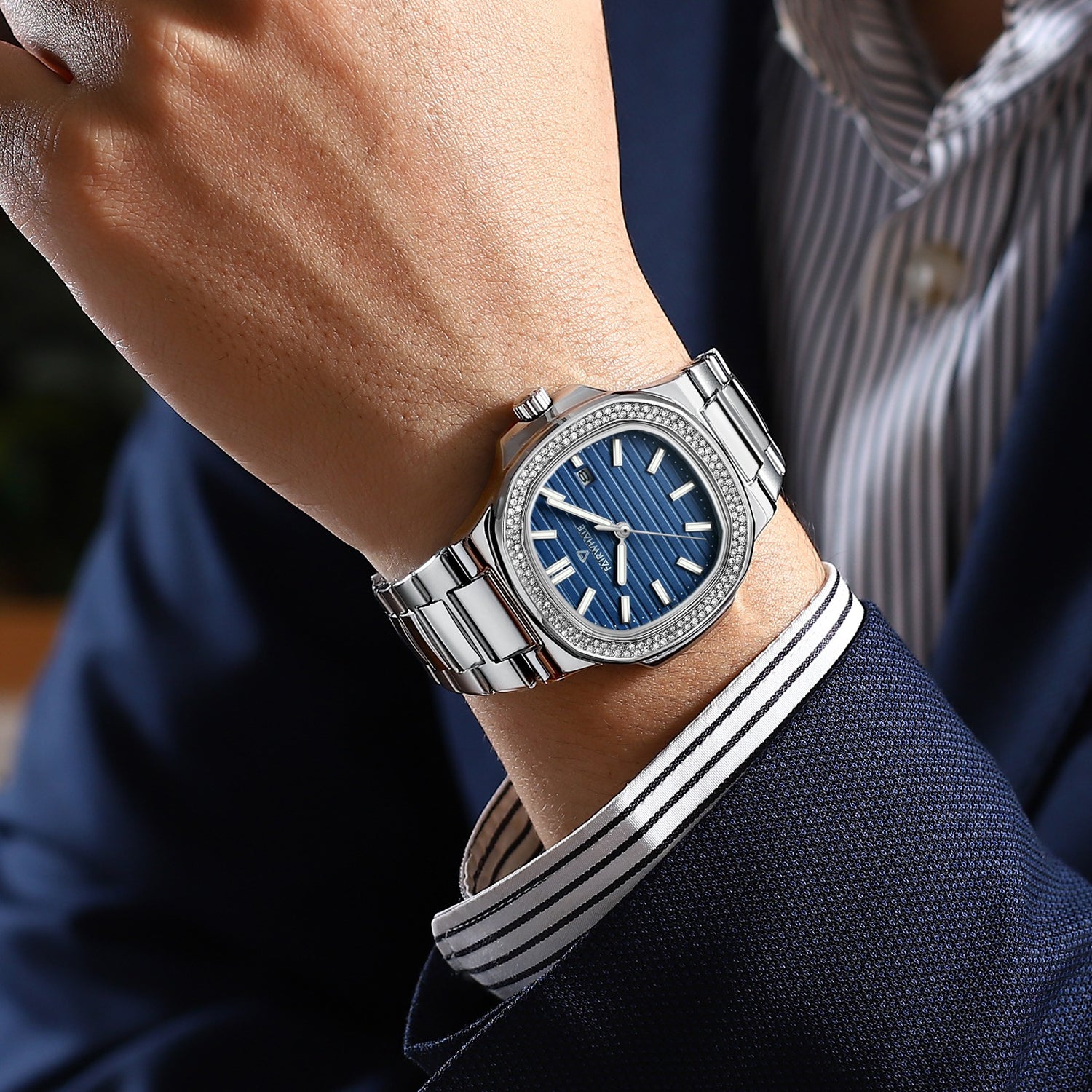 Mark Fairwhale CRYSTOR Sapphire Horizon – Silver square watch for men with crystal accents and stainless steel strap