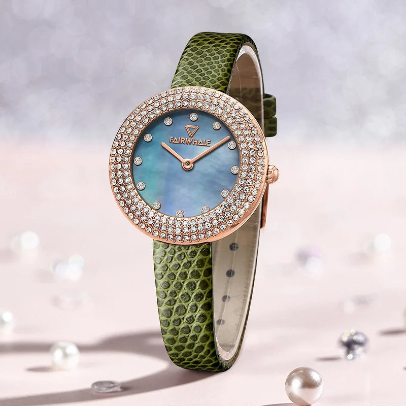 Mark Fairwhale DIAMÉRA luxury watch with green leather strap &amp; diamond bezel