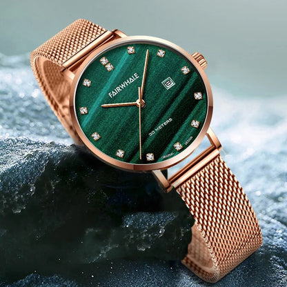 Mark Fairwhale ELARIA FW-3240 green dial quartz watch with rose gold stainless steel mesh bracelet.