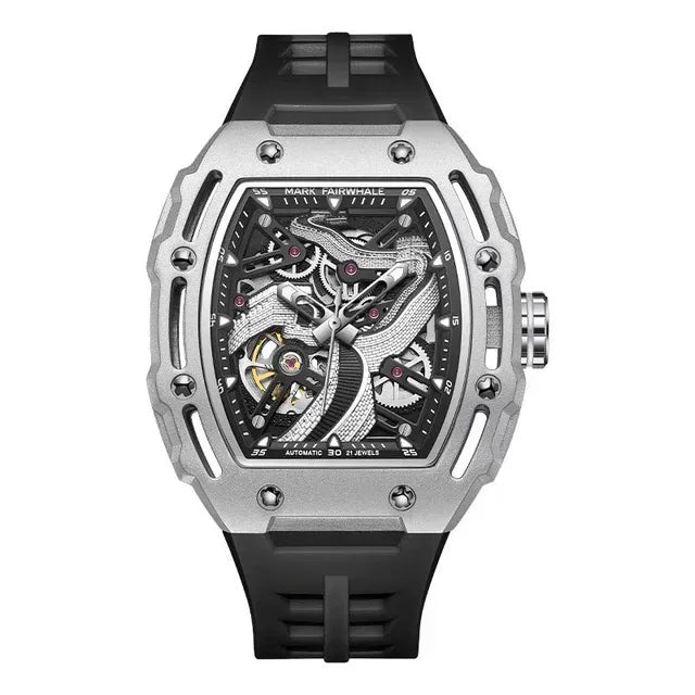 Mark Fairwhale FORTANIX skeleton tourbillon watch with black silicone strap.