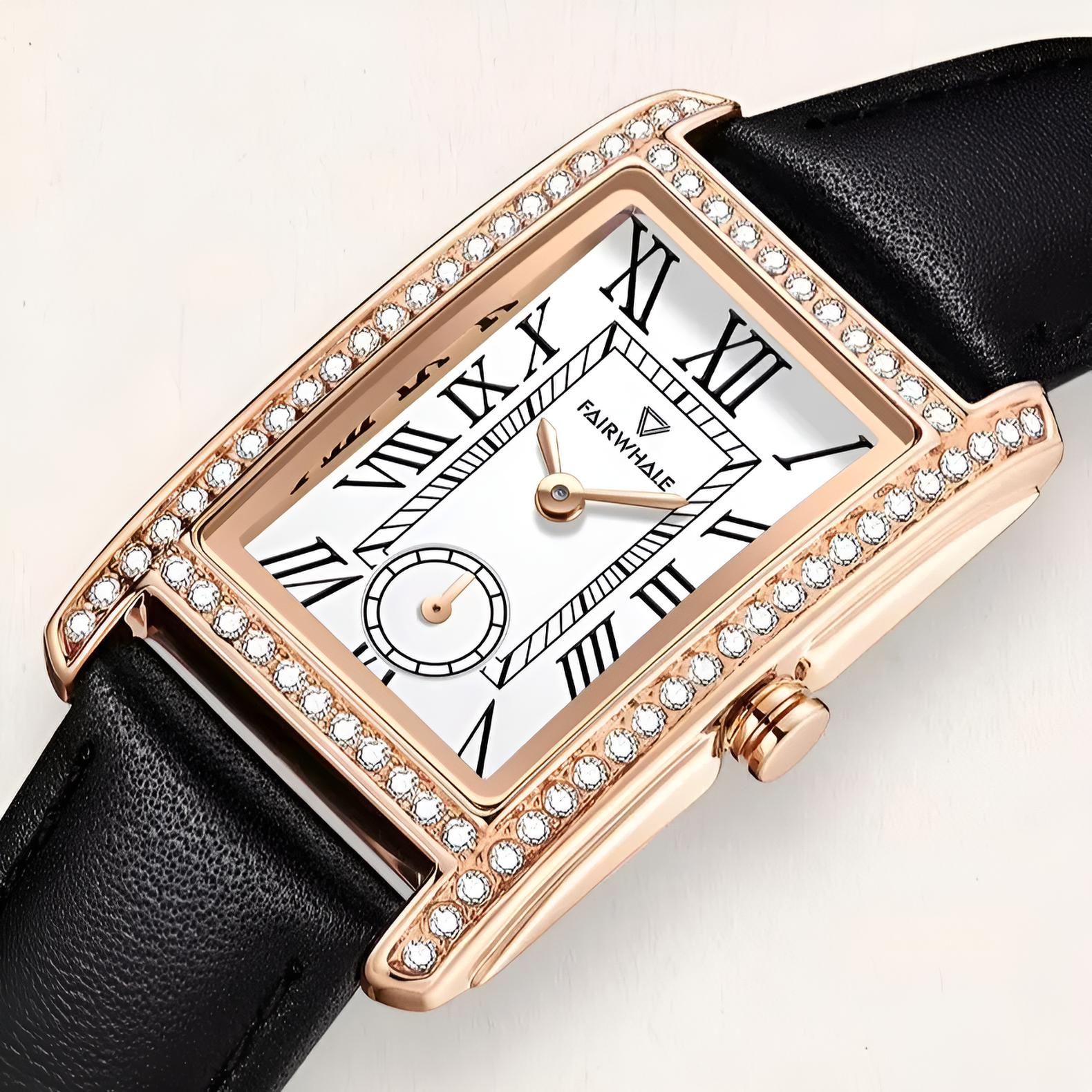 Mark Fairwhale FW-3430 TONELLE showing polished rose-gold bezel with crystal accents and Hardlex glass for luxurious precision