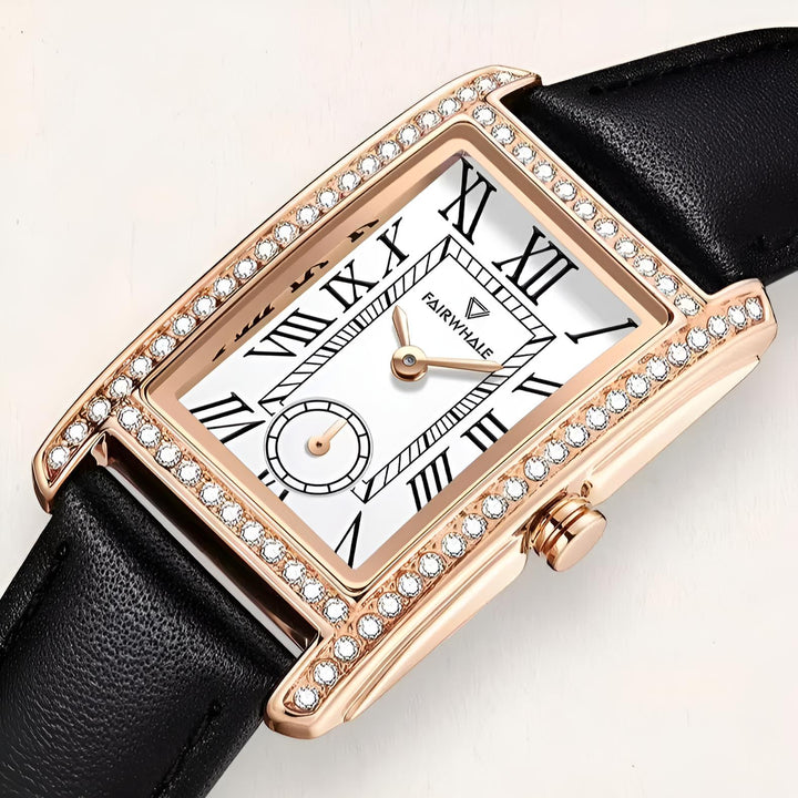 Mark Fairwhale FW-3430 TONELLE showing polished rose-gold bezel with crystal accents and Hardlex glass for luxurious precision