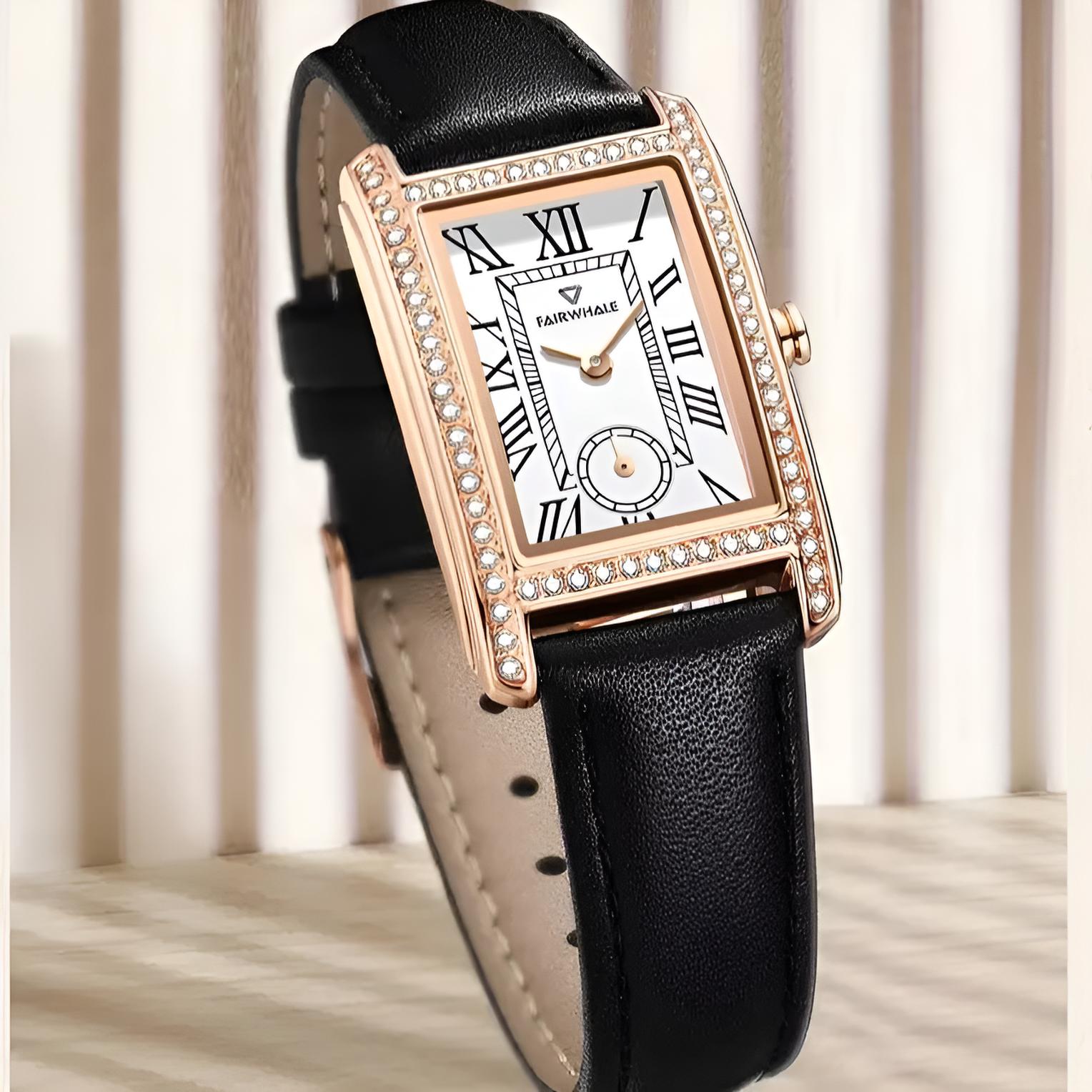 Mark Fairwhale FW-3430 TONELLE showing polished rose-gold bezel with crystal accents and Hardlex glass for luxurious precision