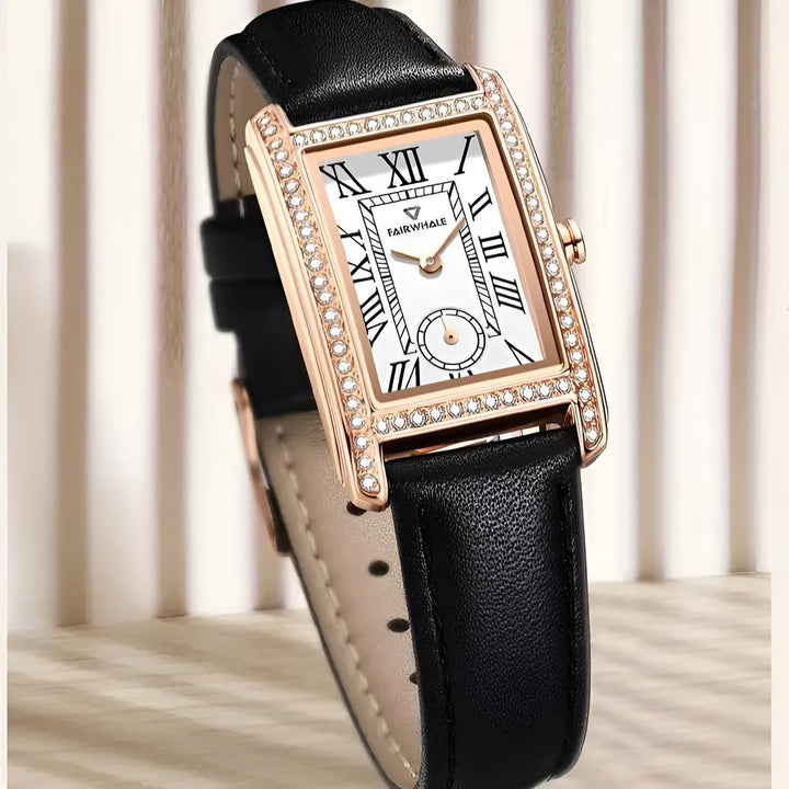 Mark Fairwhale FW-3430 TONELLE showing polished rose-gold bezel with crystal accents and Hardlex glass for luxurious precision