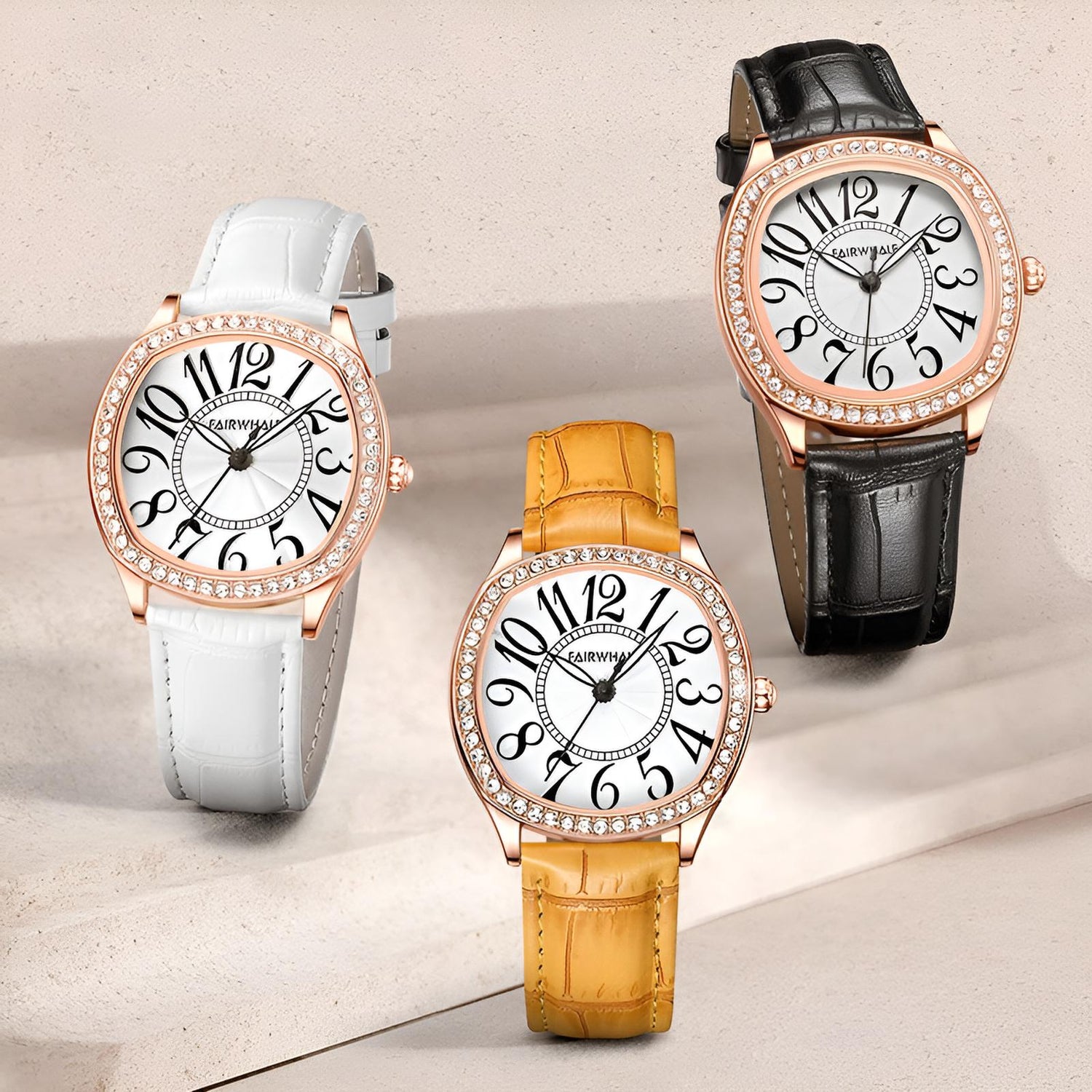 Mark Fairwhale FW-3440 ORIKA women’s watch – white, black, and yellow leather straps – showcasing versatility and creative fashion appeal