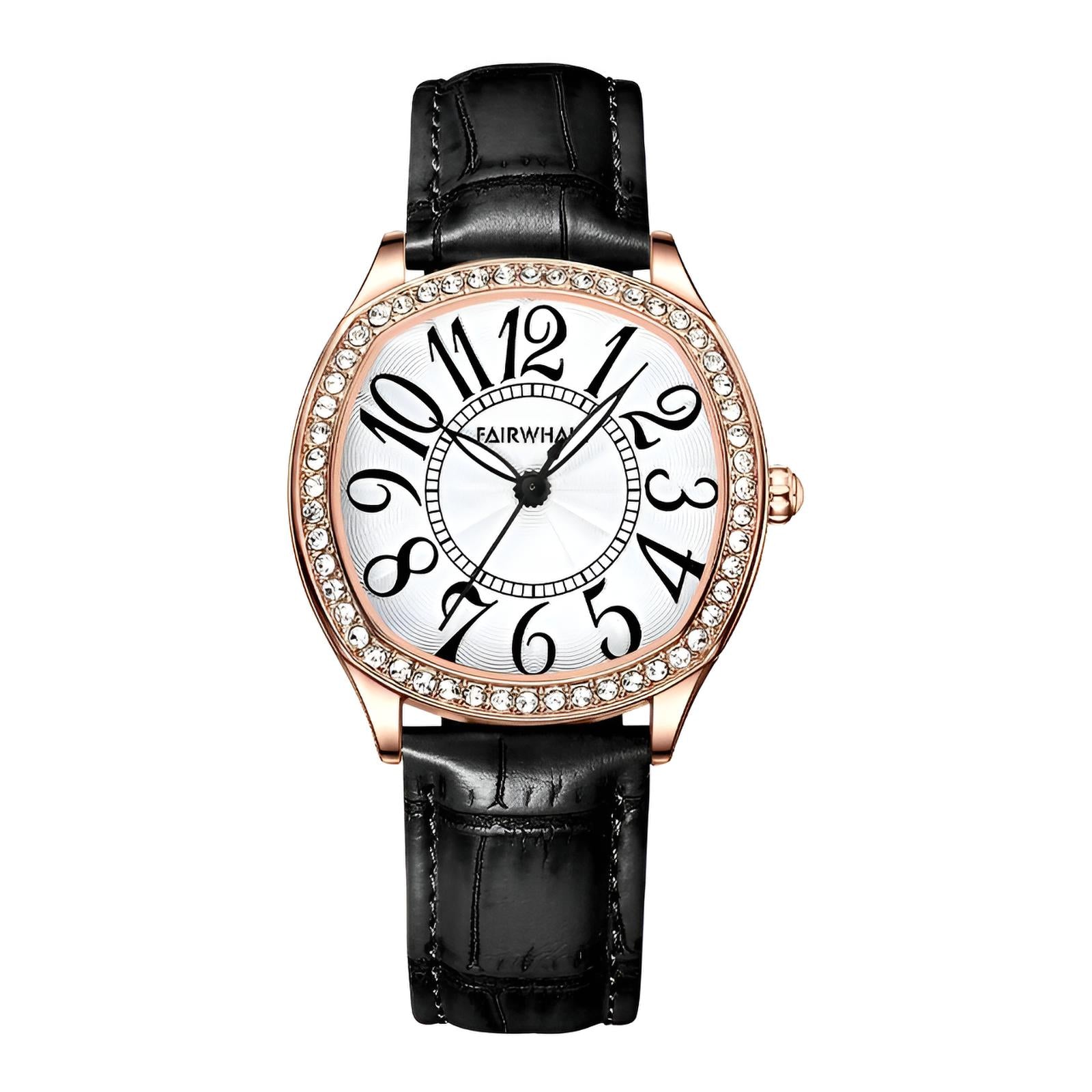 Mark Fairwhale FW-3440 ORIKA women’s irregular-dial watch in black leather strap with rose-gold bezel and bold black numerals, a statement of artistic elegance