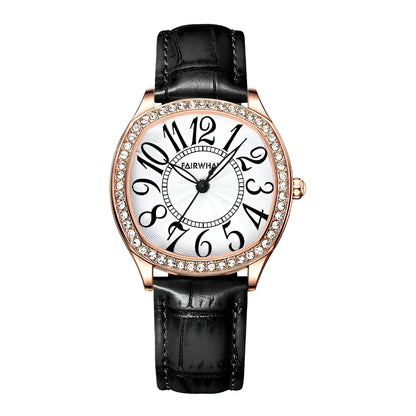 Mark Fairwhale FW-3440 ORIKA women’s irregular-dial watch in black leather strap with rose-gold bezel and bold black numerals, a statement of artistic elegance