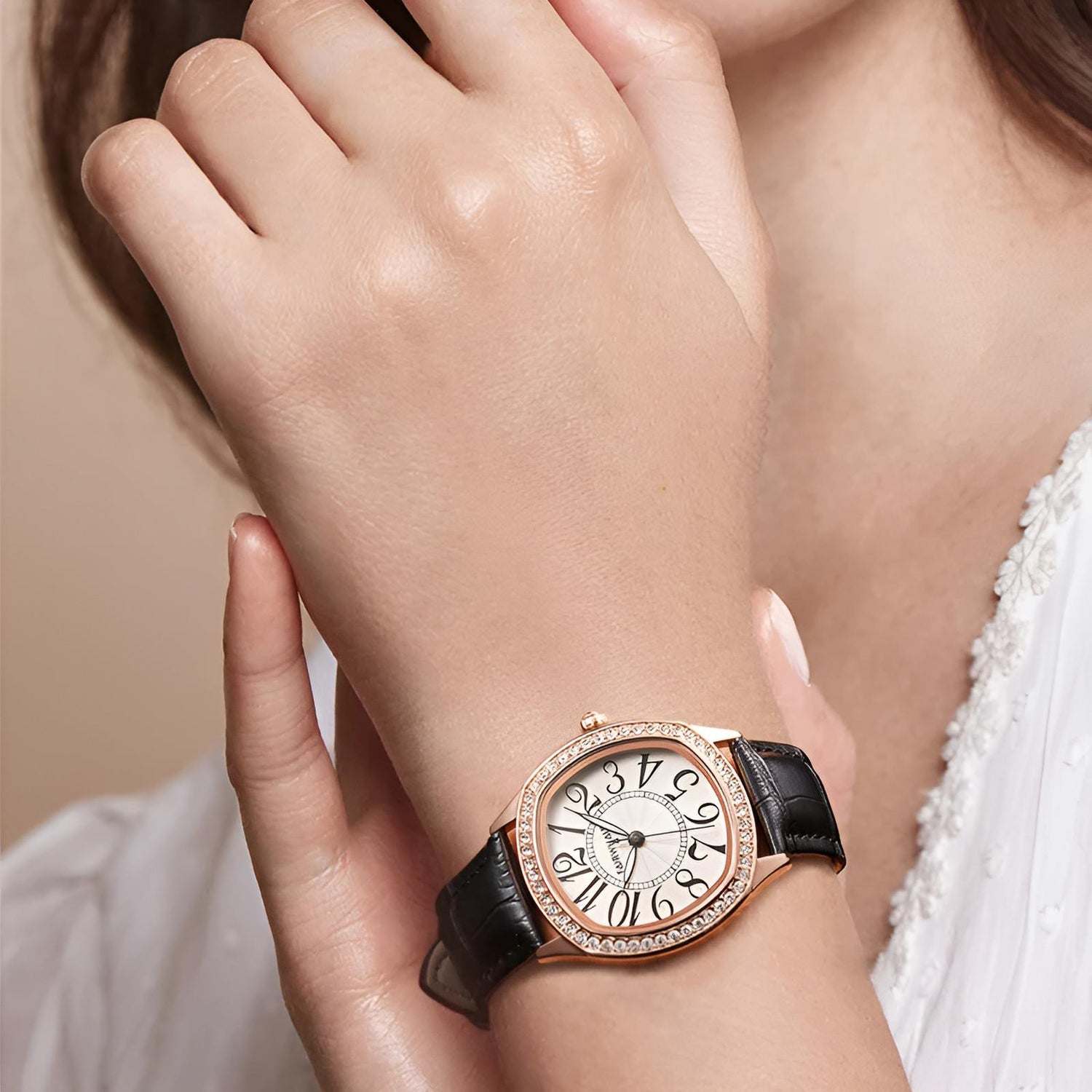 Mark Fairwhale FW-3440 ORIKA women’s irregular-dial watch in black leather strap with rose-gold bezel and bold black numerals, a statement of artistic elegance