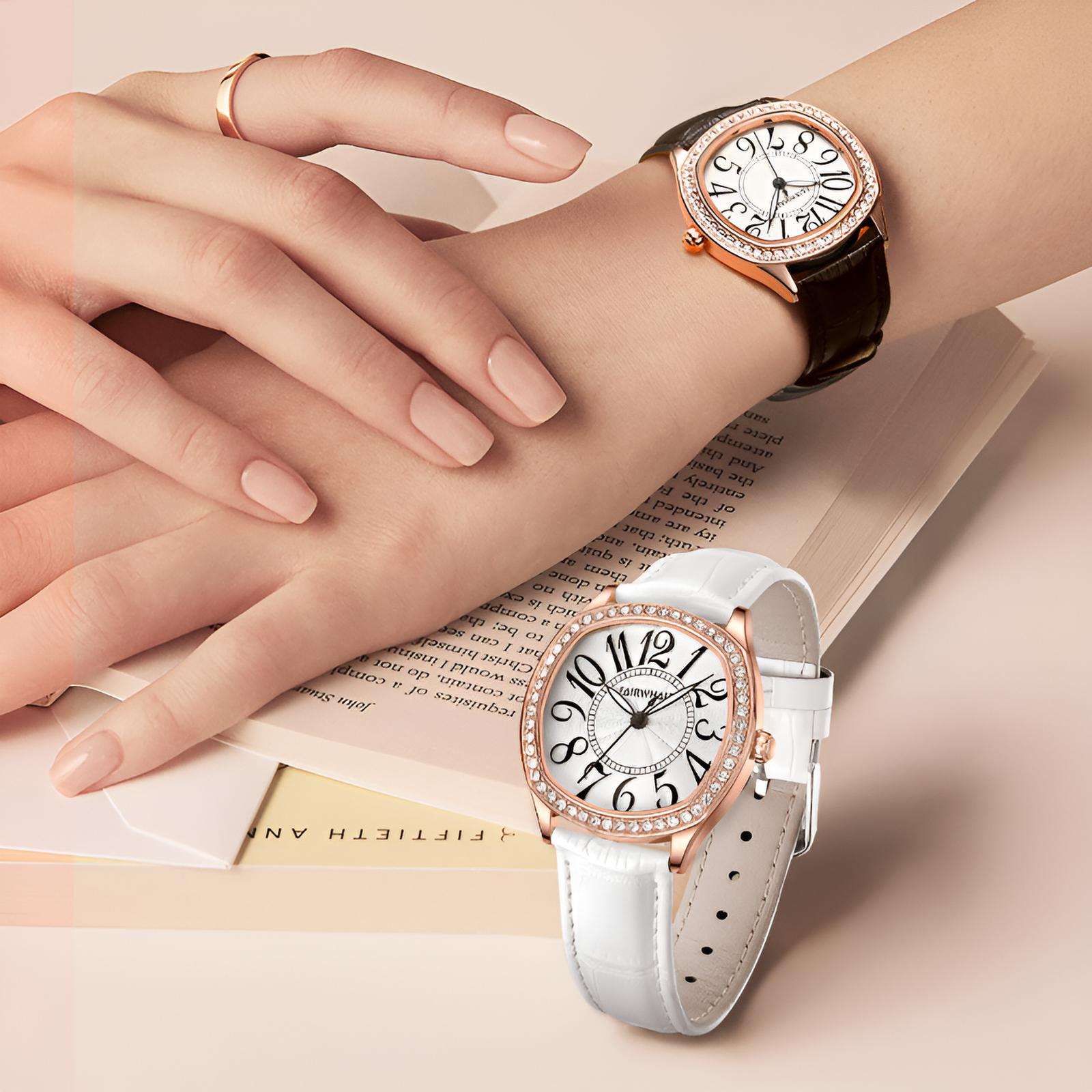 Mark Fairwhale FW-3440 ORIKA women’s irregular-dial watch in white and black leather strap with rose-gold bezel and bold black numerals, a statement of artistic elegance