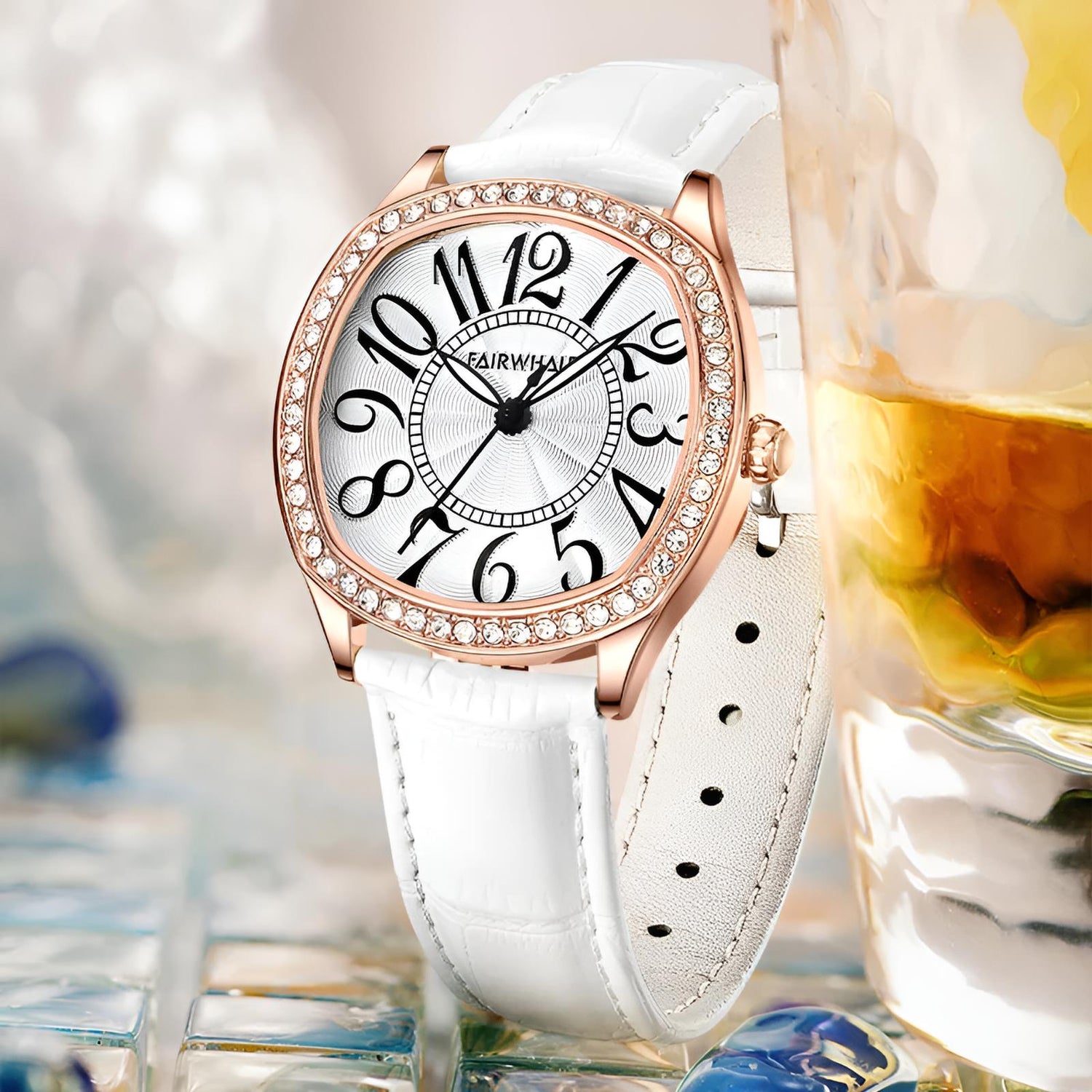 Mark Fairwhale FW-3440 ORIKA women’s irregular-dial watch in white leather strap with rose-gold bezel and bold black numerals, a statement of artistic elegance