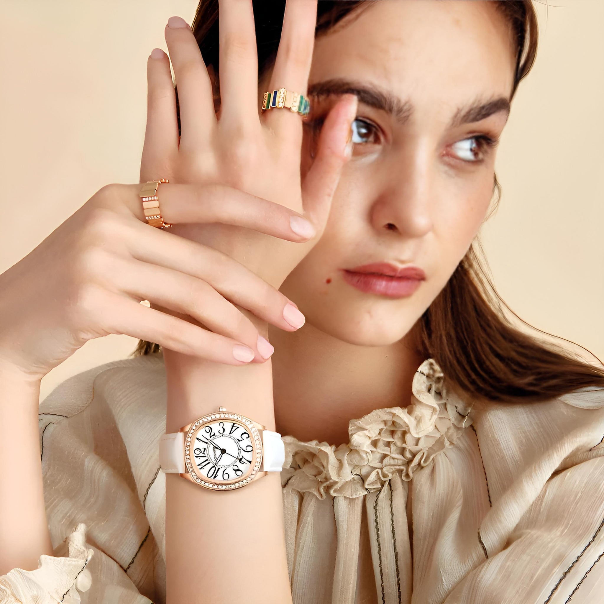 Mark Fairwhale FW-3440 ORIKA women’s irregular-dial watch in white leather strap with rose-gold bezel and bold black numerals, a statement of artistic elegance