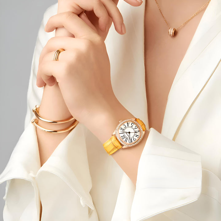 Mark Fairwhale FW-3440 ORIKA women’s irregular-dial watch in yellow leather strap with rose-gold bezel and bold black numerals, a statement of artistic elegance