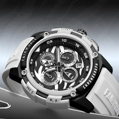 Mark Fairwhale FW-4410-R Tiger Watch with white silicone strap and bold black-white chronograph dial – men’s sports fashion watch