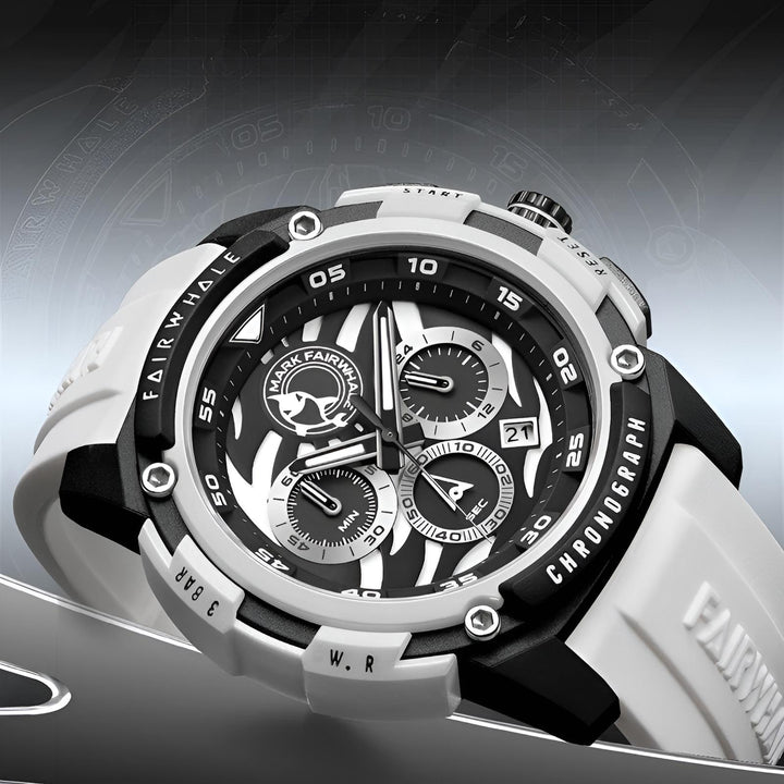 Mark Fairwhale FW-4410-R Tiger Watch with white silicone strap and bold black-white chronograph dial – men’s sports fashion watch