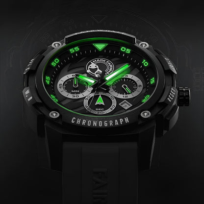 Mark Fairwhale FW-4410-R Tiger Watch in black edition with luminous green hands and sub-dials glowing in the dark