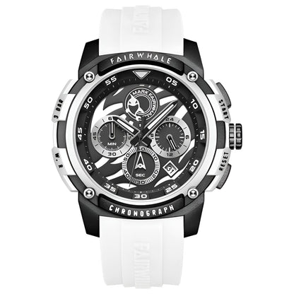 Mark Fairwhale FW-4410-R Tiger Watch with white silicone strap and bold black-white chronograph dial – men’s sports fashion watch
