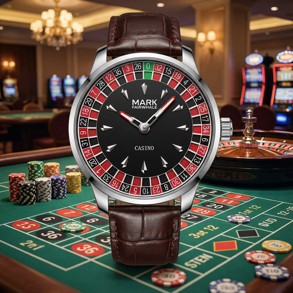 Mark Fairwhale FW-5031B ROULEX luxury quartz watch with roulette game dial and black leather strap, displayed on casino table.