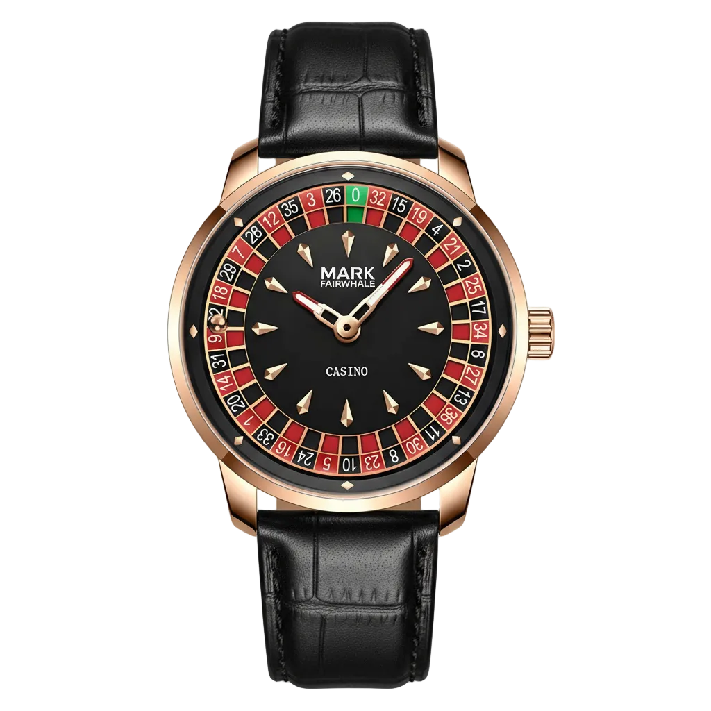 Mark Fairwhale FW-5031B ROULETTE quartz watch with roulette game dial, red and black design, luminous hands, and leather strap