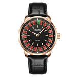 Mark Fairwhale FW-5031B ROULETTE quartz watch with roulette game dial, red and black design, luminous hands, and leather strap