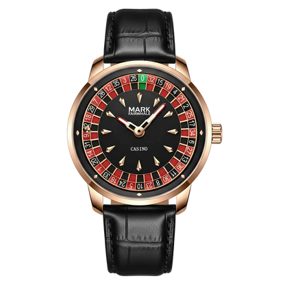 Mark Fairwhale FW-5031B ROULETTE quartz watch with roulette game dial, red and black design, luminous hands, and leather strap