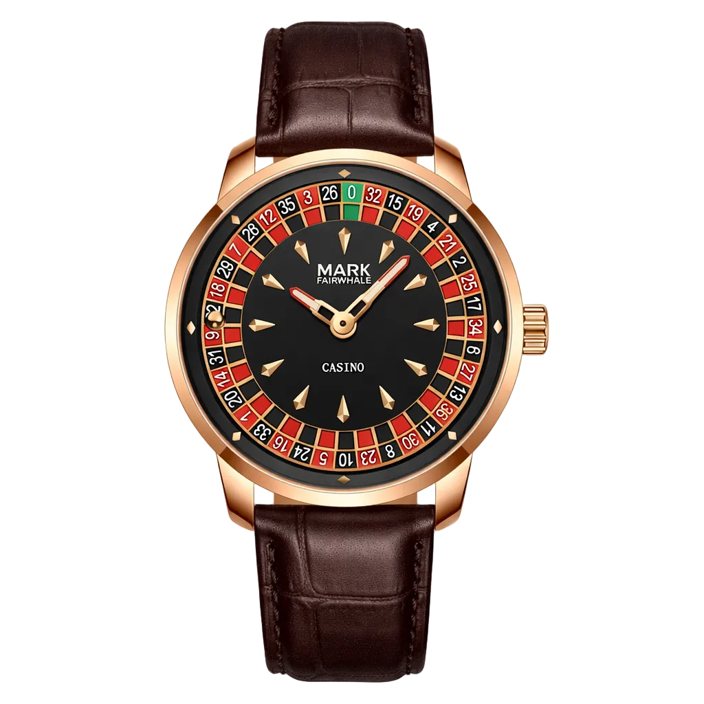Mark Fairwhale FW-5031B ROULETTE quartz watch with roulette game dial, red and black design, luminous hands, and leather strap.