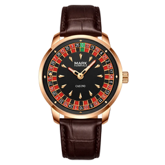 Mark Fairwhale FW-5031B ROULETTE quartz watch with roulette game dial, red and black design, luminous hands, and leather strap.