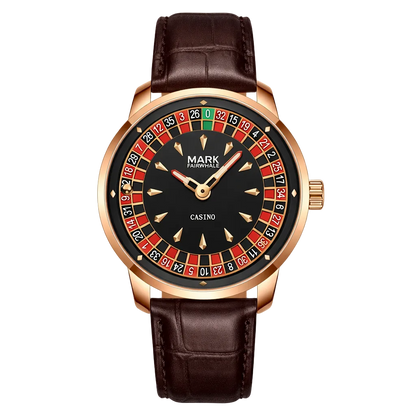 Mark Fairwhale FW-5031B ROULETTE quartz watch with roulette game dial, red and black design, luminous hands, and leather strap.