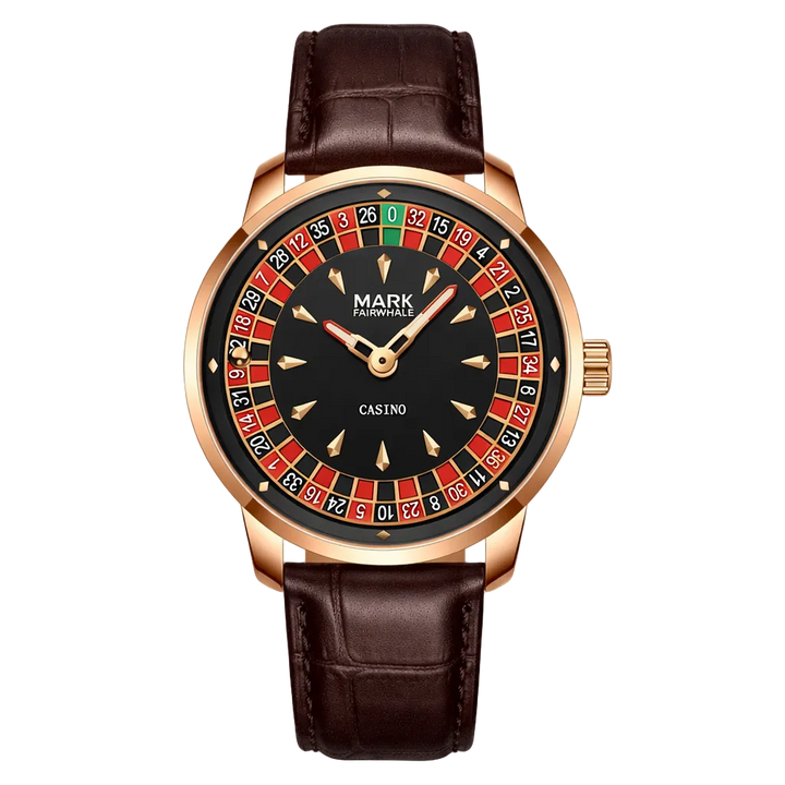 Mark Fairwhale FW-5031B ROULETTE quartz watch with roulette game dial, red and black design, luminous hands, and leather strap.