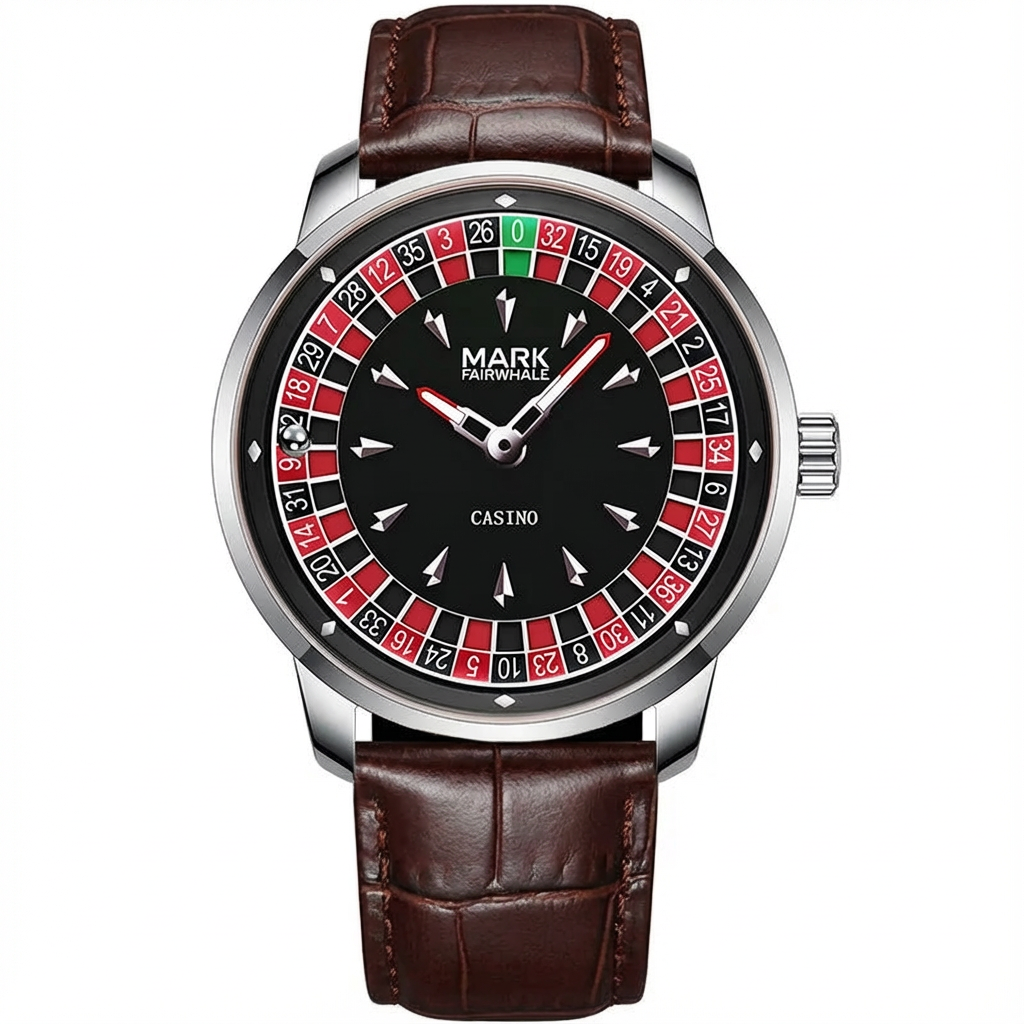 Mark Fairwhale FW-5031B ROULEX quartz watch with roulette game dial, red and black design, luminous hands, and leather strap.