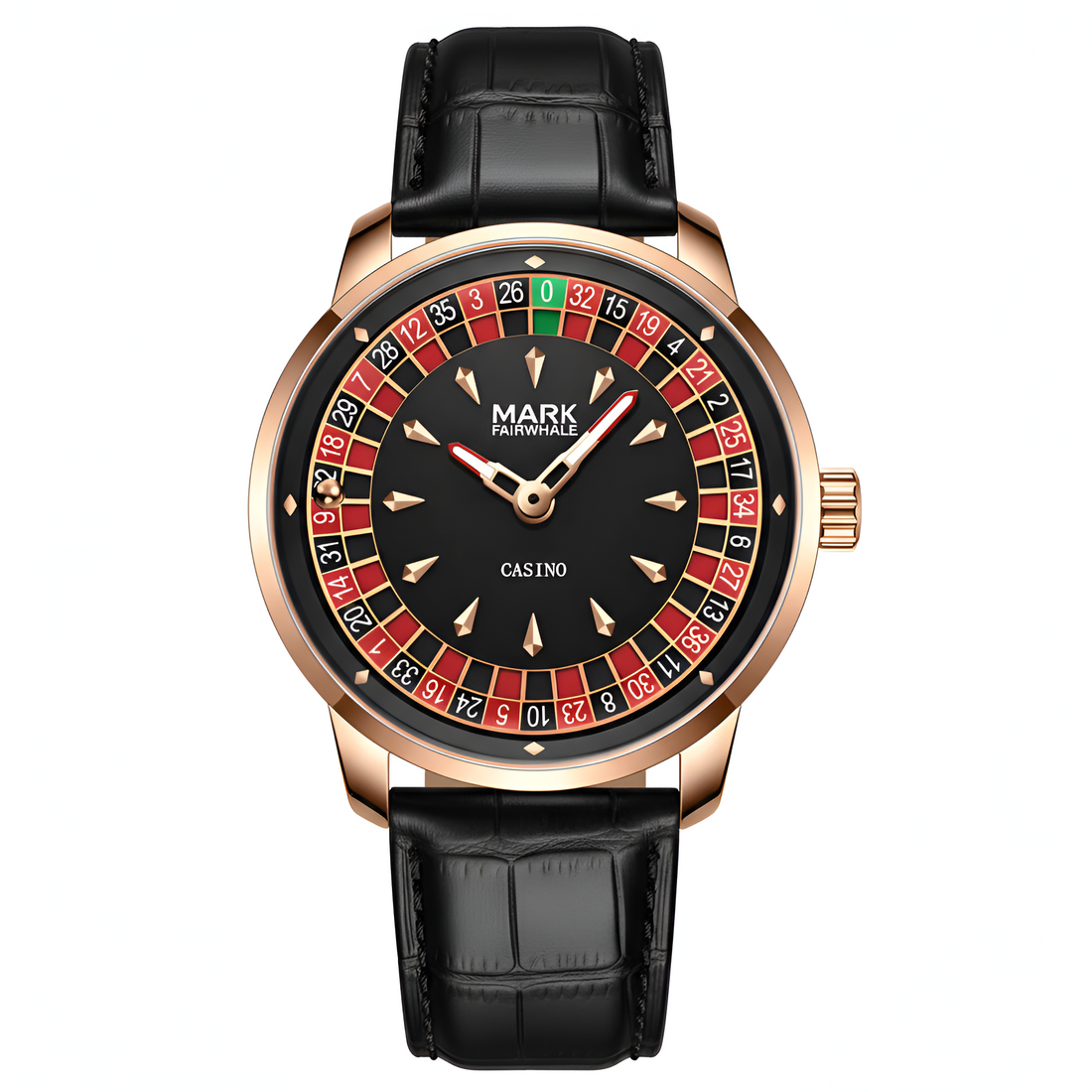 Mark Fairwhale FW-5031B ROULEX quartz watch with roulette game dial, red and black design, luminous hands, and leather strap.