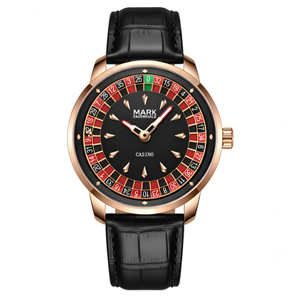Mark Fairwhale FW-5031B ROULEX quartz watch with roulette game dial, red and black design, luminous hands, and leather strap.